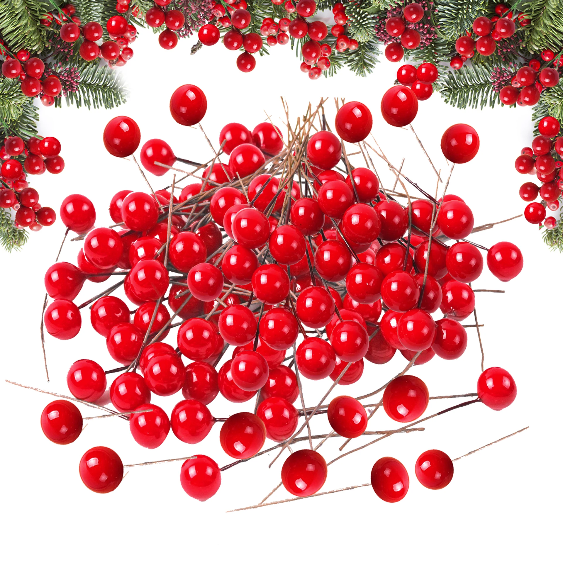 

100Pc Artificial Berries Flower Fruit Pearl Stamens Mini Plastic Cherry Wedding Christmas DIY Decoration Wreaths Gift Xmas Decor