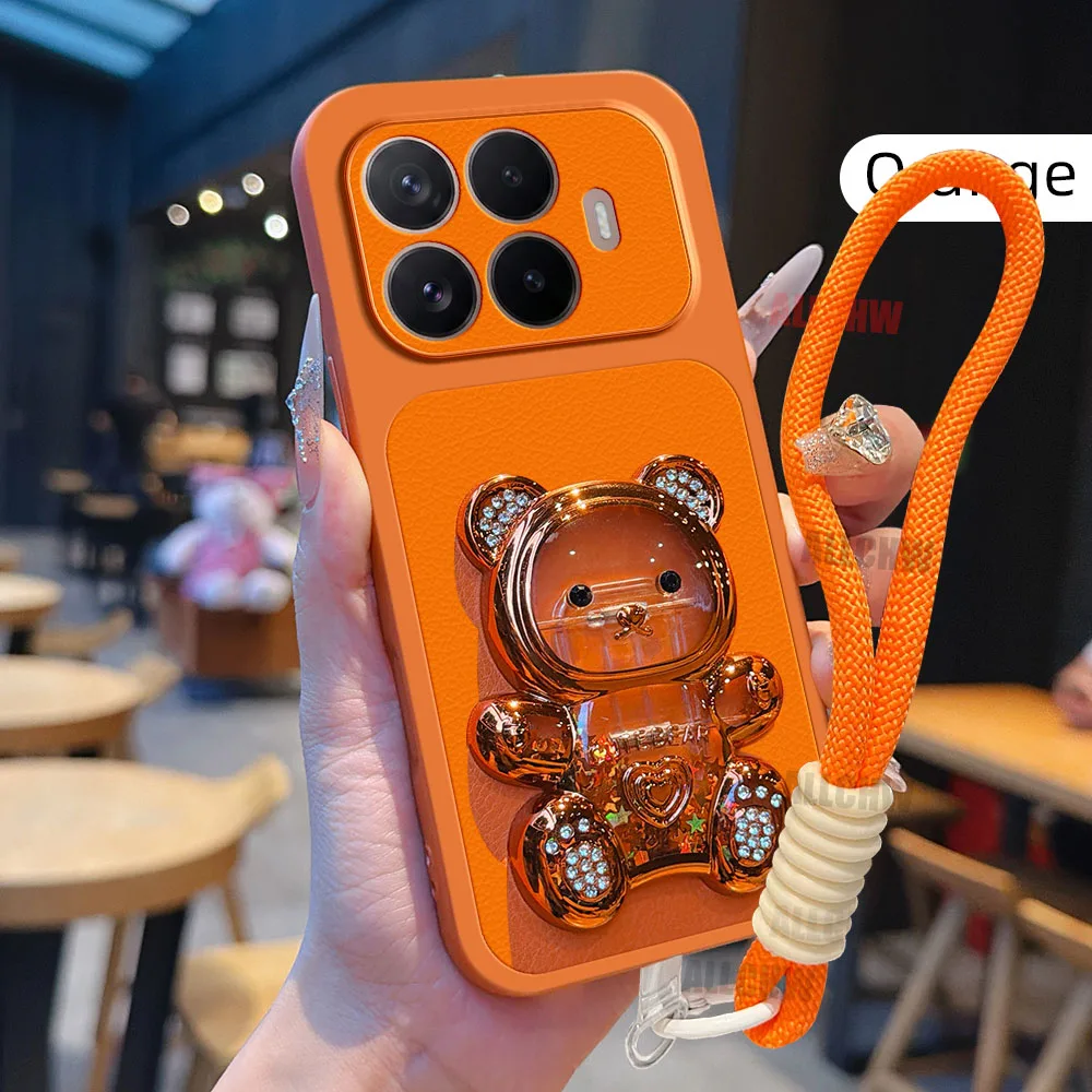 Adorable 3D Bear Bracket Stand Phone Case with Litchi Texture and Hanging Rope