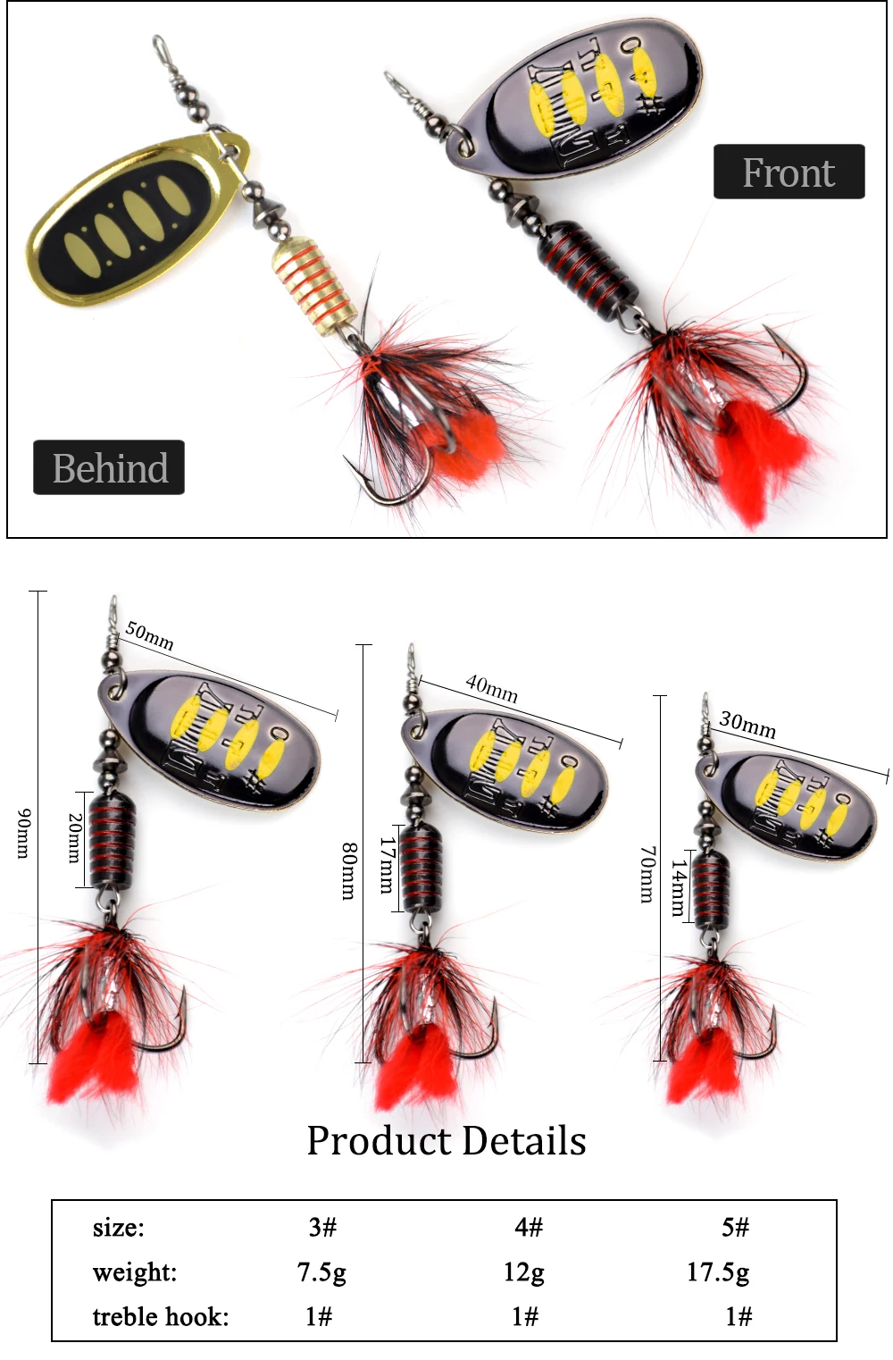 Description Picture 4 of itemFTK 7.5g 12g 17.5g Metal Spinner Bait With Treble Hooks Hard Arttificial Bait Fishing Lure Pike Bass