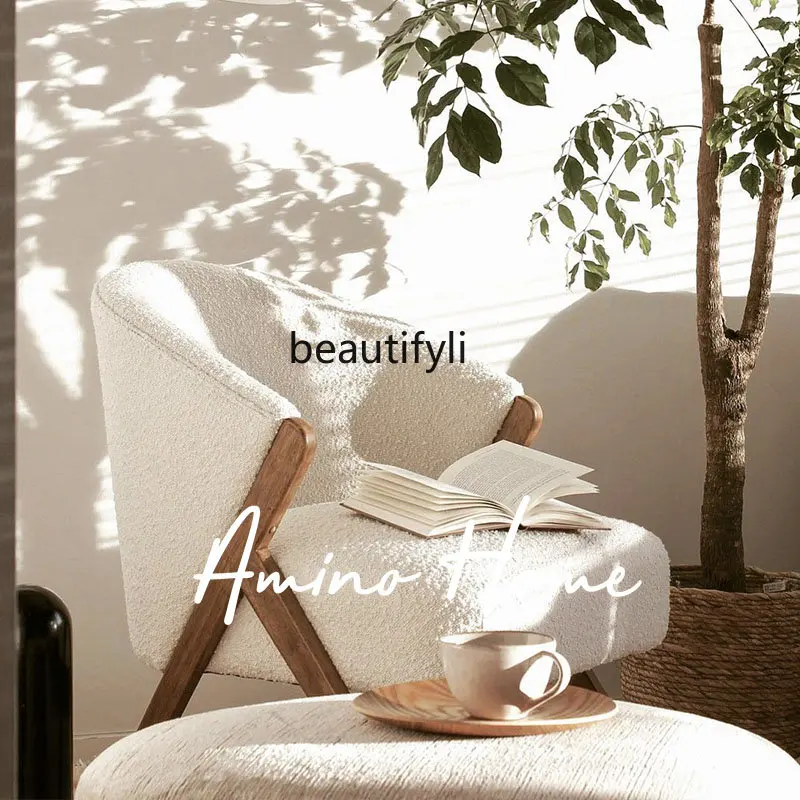 

yj Single Sofa Living Room Balcony Ins Cream Style Lambswool Solid Wood White Couch Art