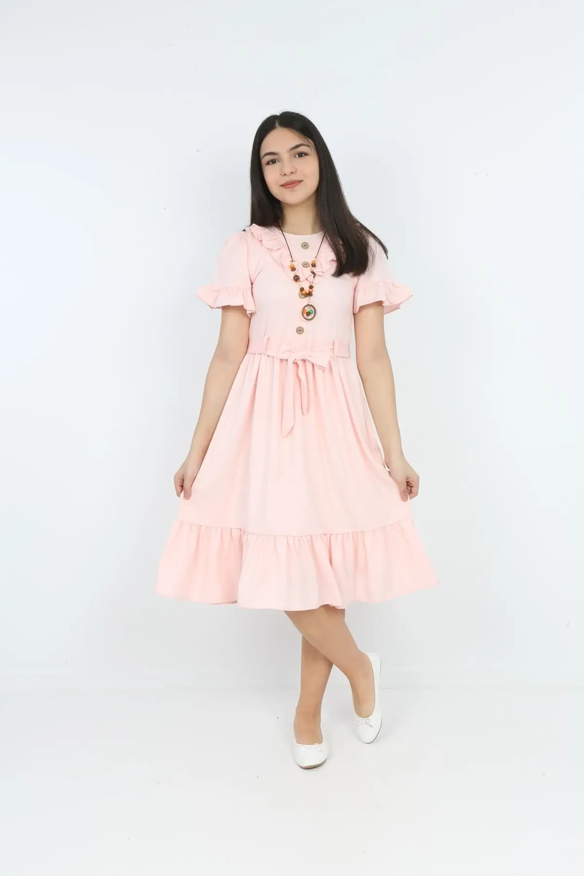 

Frilly Necklace Dress Knitted Linen Standard Blend Short Sleeve Trend Solid Color Bicycle Neck Regular Pink Zipper