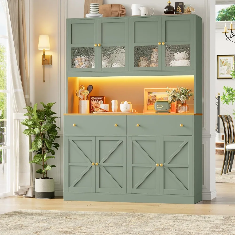 71" Pantry Cabinet with LED Light and Charging Station, Farmhouse Kitchen Pantry Cabinet with Microwave Stand, Customized 1