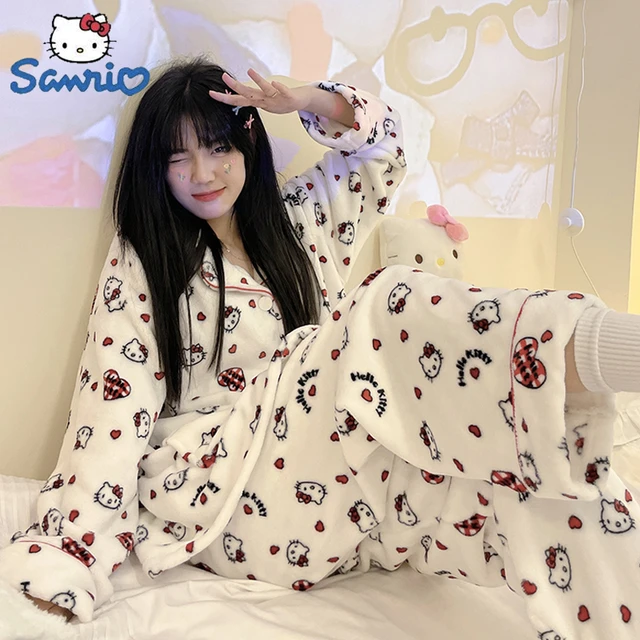 Anime Sanrio Hello Kitty Pajama Pants Coral Pajamas Women's Cute Sleepwear  Thickening Flannel Kawaii Pajamas Set Thermal Pajama - Military Action  Figures - AliExpress