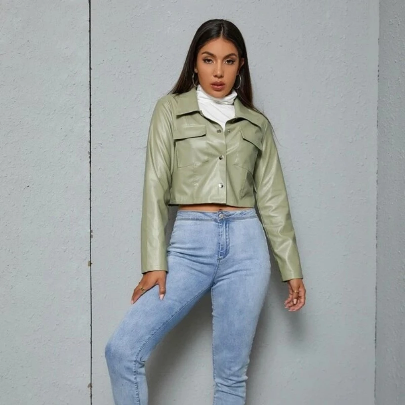 2024 Autumn New Fashion Street Style Ladies Jacket Avocado Green PU Leather Jacket Leather Jacket Lapel Locomotive Jacket Women