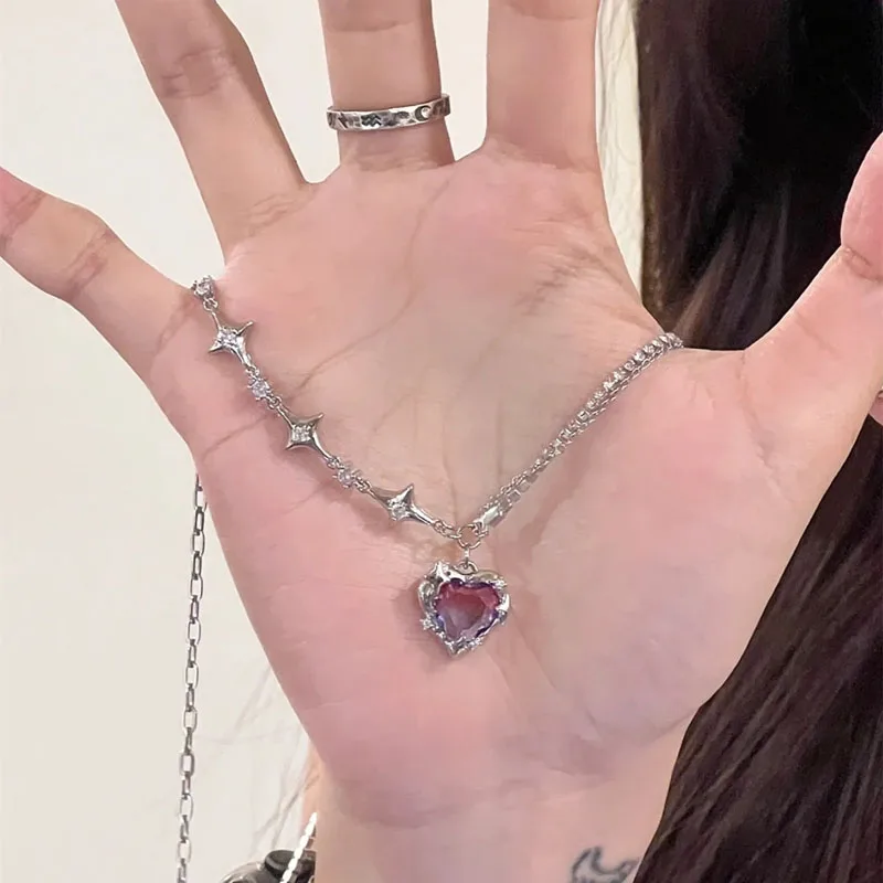 Korean Fashion Lila Kristall Herz Anhänger Halskette für Frauen Schwarz Kristall Egirl Coole Kragen Kette y2k Ästhetischen Schmuck Teil_voghion.com