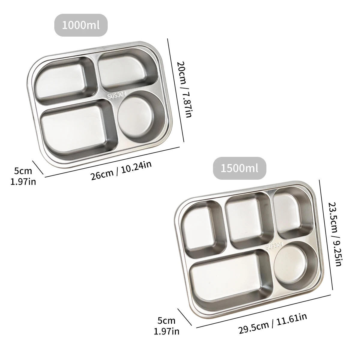 WORTHBUY 4/5-Compartments Dinner Plate For Student 304 Stainless Steel Fast Food Plate Canteen Divided Dinner Tray With Lid