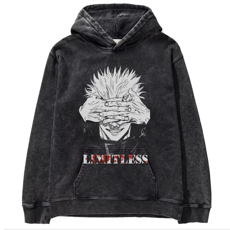 Retro Battle Anime Hoodie – Washed Unisex Streetwear for Spring & Autumn Jujutsu Kaisen, Chainsaw Man