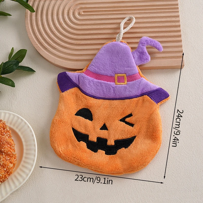 Black Cat Cartoon Hand Towel - Soft & Absorbent Coral Fleece for Kids - Halloween Pumpkin Design for Bathroom & Kitchen Use