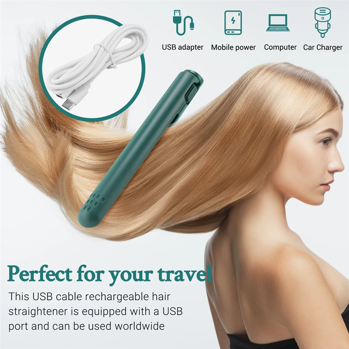 A14G-USB Cable Mini Portable Hair Straightener for Straight and Curling Dual-Use Curling Irons for Students Green