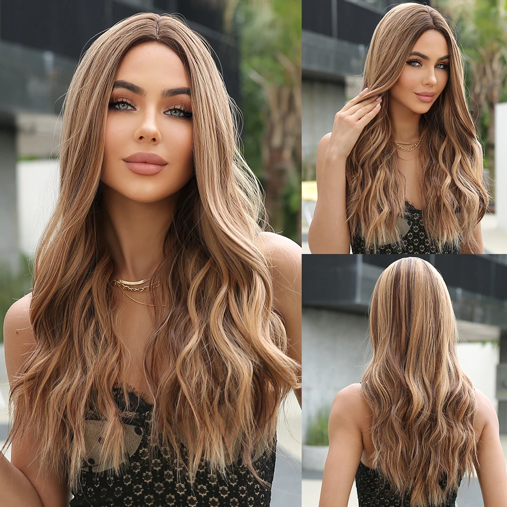 

Ombre Brown Blonde Highlight Synthetic Wigs Natural Long Wavy Wig for Women Cosplay Daily Middle Part Hair Heat Resistant