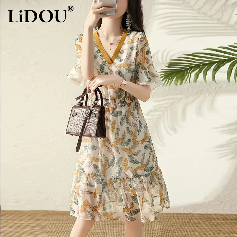 

Summer Elegant Fashion V-neck Printing Dress Ladies Flare Short Sleeve Beach Holiday Vestido Women Casual Waist A-line Midi Robe