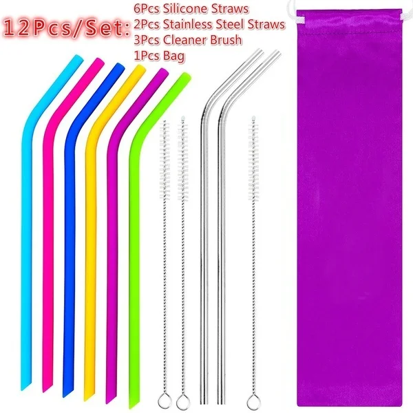Reusable Silicone and Stainless Steel Straw Set with Cleaner Brush and Bag