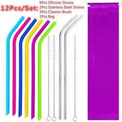 Reusable Silicone and Stainless Steel Straw Set with Cleaner Brush and Bag (12PCS a set)