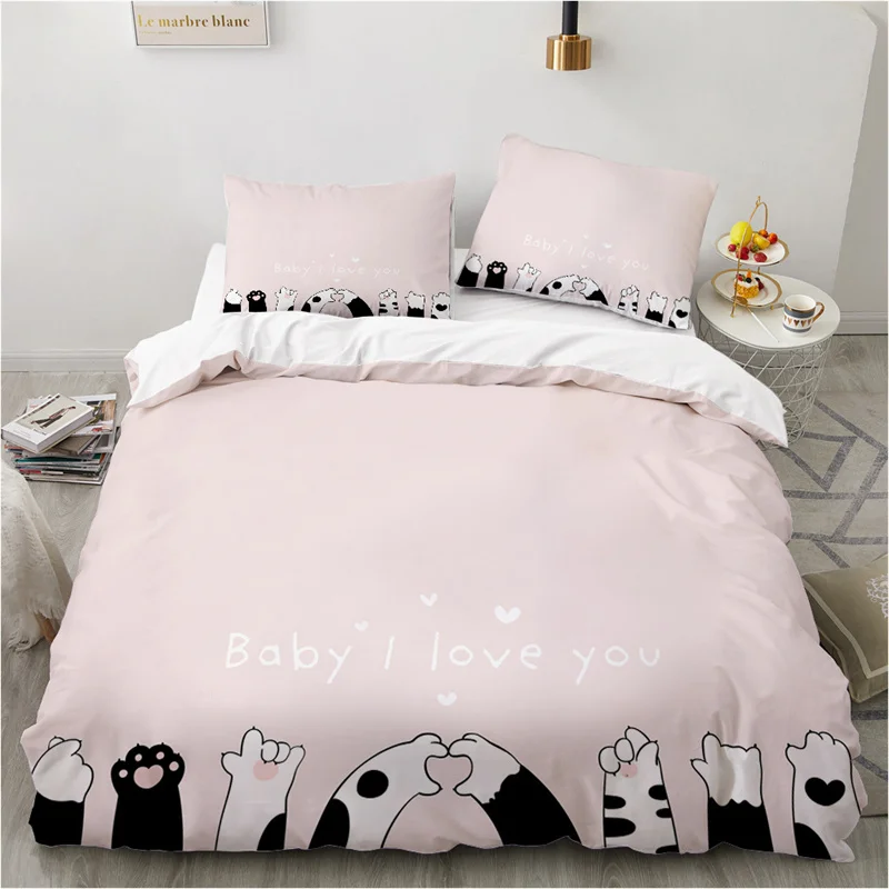 Cute Cartoon Animals Pink Toddler Bedding Set 3D Funny Cat Cover Twin Queen Size For Teens Kids Girls Bedroom Decor Print Duvet