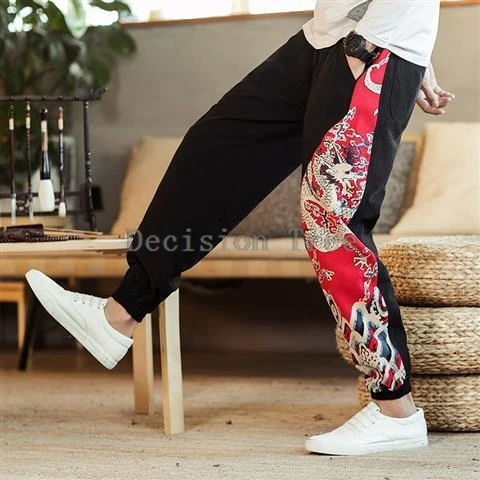 summer men chinese ethnic style tang suit pants exquisite dragon embroidery cotton linen trousers loose casual wushu pants