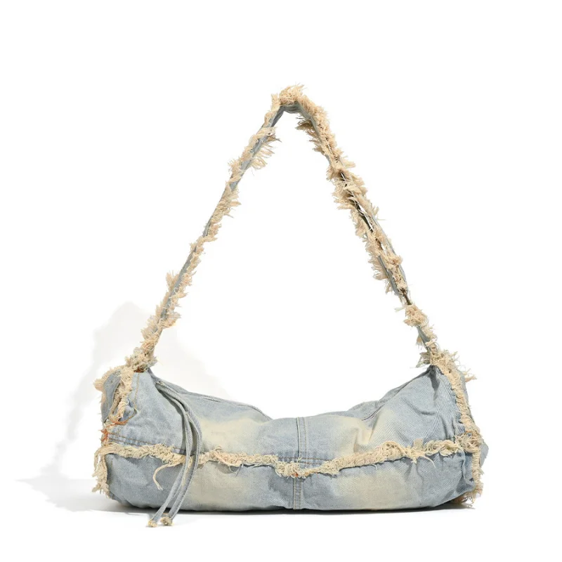 Large Capacity Washable Denim Bag with Tassels Unique Design High-end Y2k Spicy Girl Women's Crossbody Shoulder Pillow Bag
