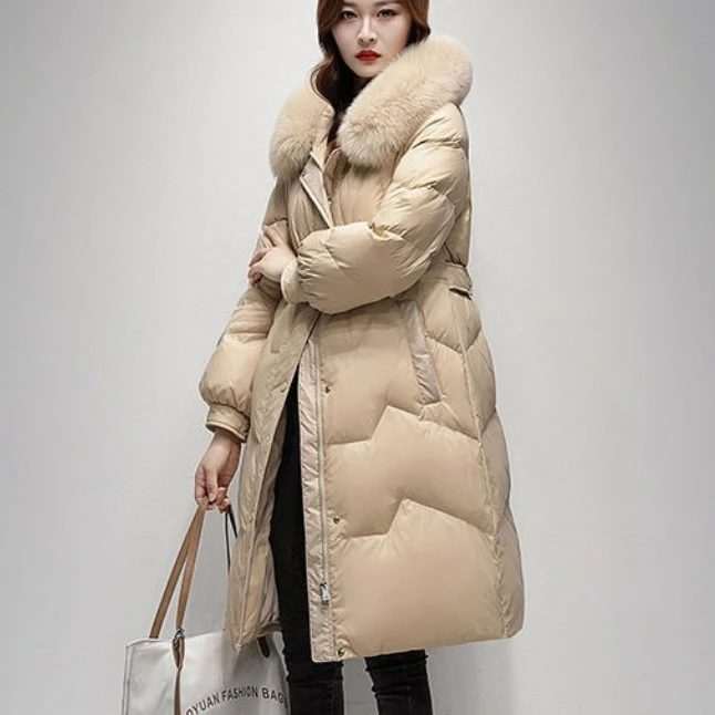 2023 New Down Jacket Women Medium Long Winter OutwearThickened Warm Parkas Fur Collar Overcoat Temperament Thin White Duck Coat