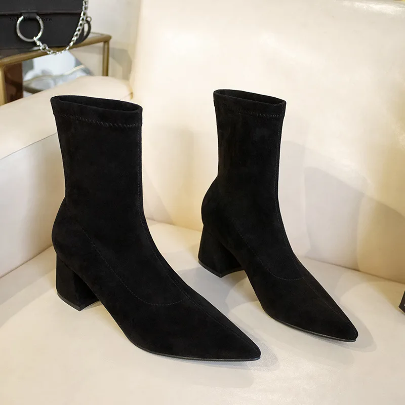 

2022fashion New Spring and Autumn Thick-heeled Elastic Socks Short Boots High-heeled Comfortable short Boots Black Single Boots