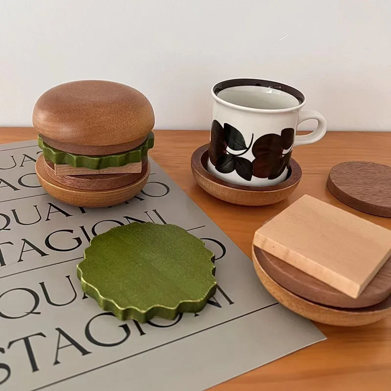 6PCS Hamburg Shape Teacup Tray 6 In 1 Solid Wood Coaster Table Cupcake Snack Dessert Pads Anti-slip Burger Insulation Cup Mat