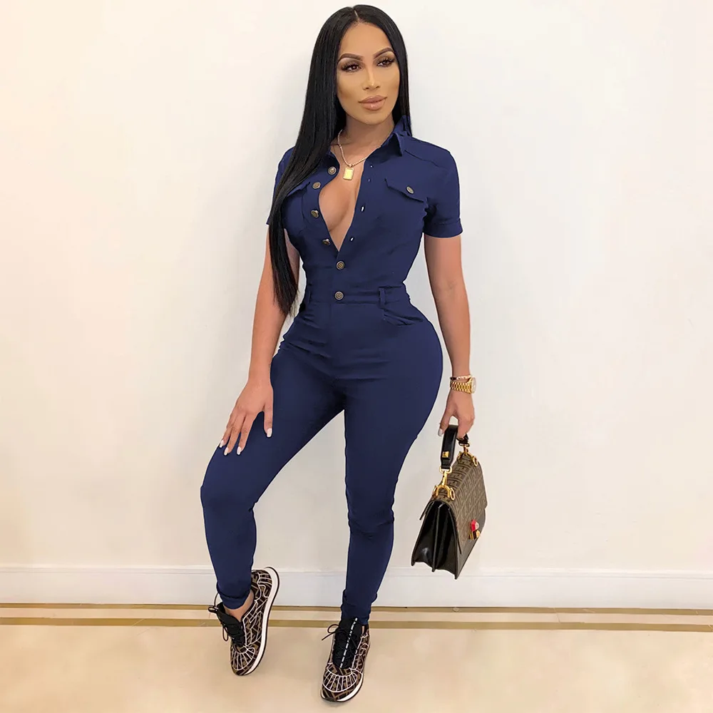 Fashion Casual Straight-Leg Jumpsuit Women's Solid Color Middle Waist Lapel Short-Sleeved Single-Breasted Jumpsuit Pants
