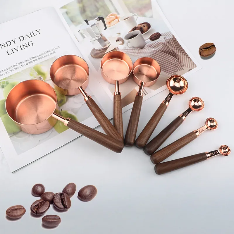 Stainless Steel gram wooden Measuring Cups Spoons Plated Copper Rose Gold  Kitchen Baking scale Measuring Spoon Set food scale