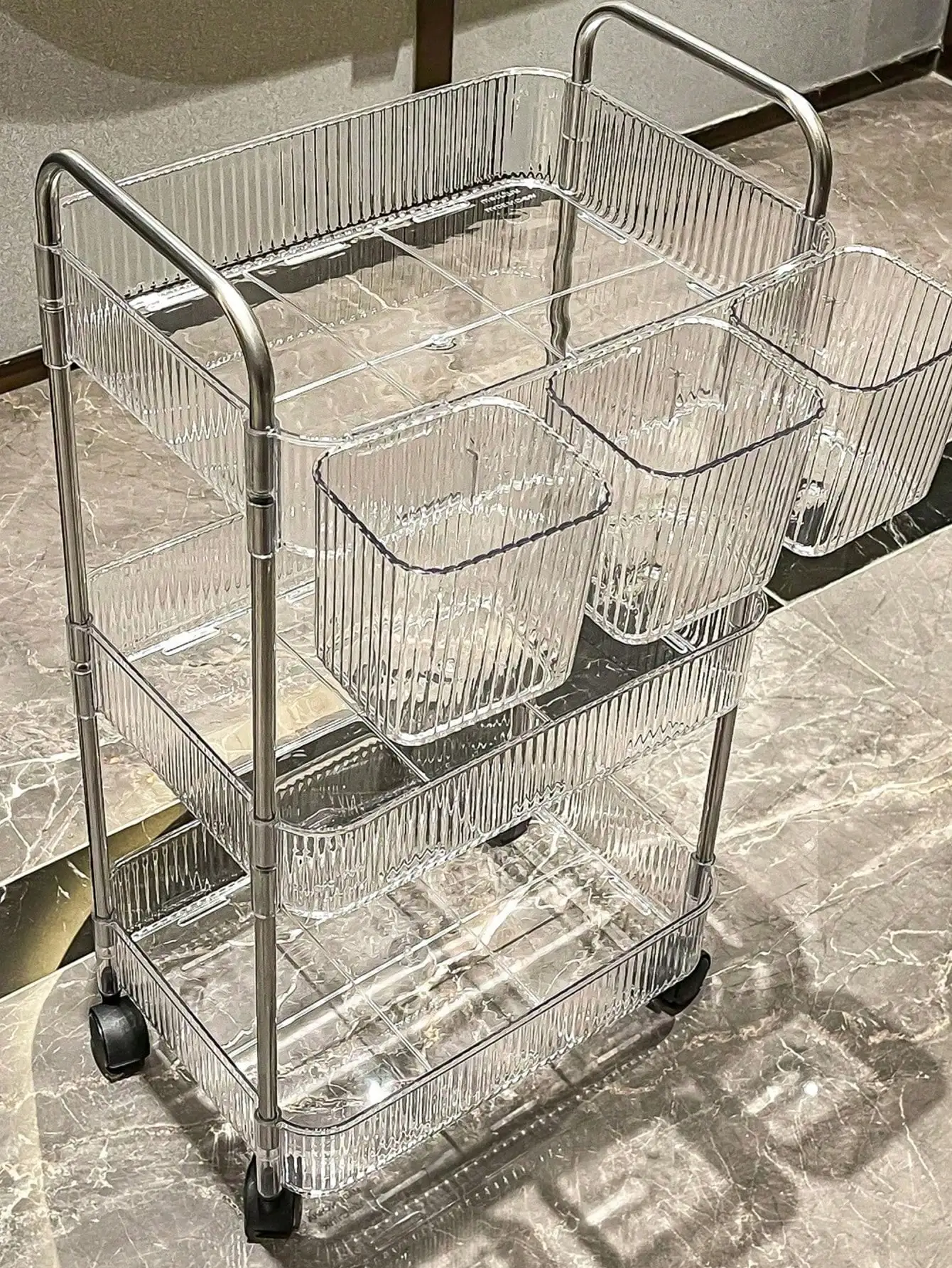 1pc Household Transparent Movable Cosmetic Small Cart Storage Rack, Large Capacity Multifunctional Bathroom Finishing Display Ra