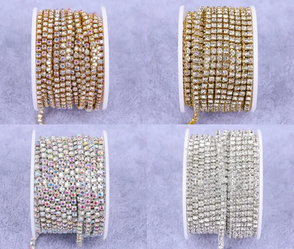 Kristall-Diamantbesatz, 2 mm, 4 mm, Strass-Fransen, goldene Tasse, Nähsteine, dekorative Besätze, Strass-Kette für Kleidung – Detail 1