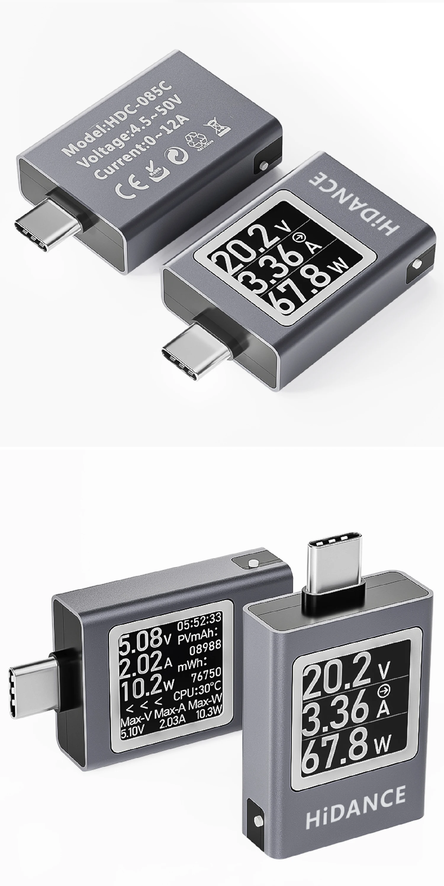 USB C PD3.1 Power Meter Tester 4.5-50V 0-6A 600W Digital Voltage Current Monitor