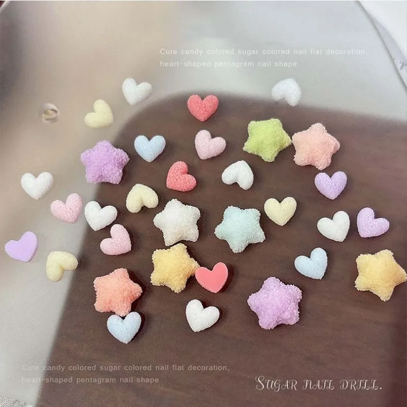 캔디 컬러 프로스티드 하트 & 스타 네일 참, 설탕 질감 레진 라인스톤, 플랫 백 3D 네일 아트 장식 DIY 매니큐어용