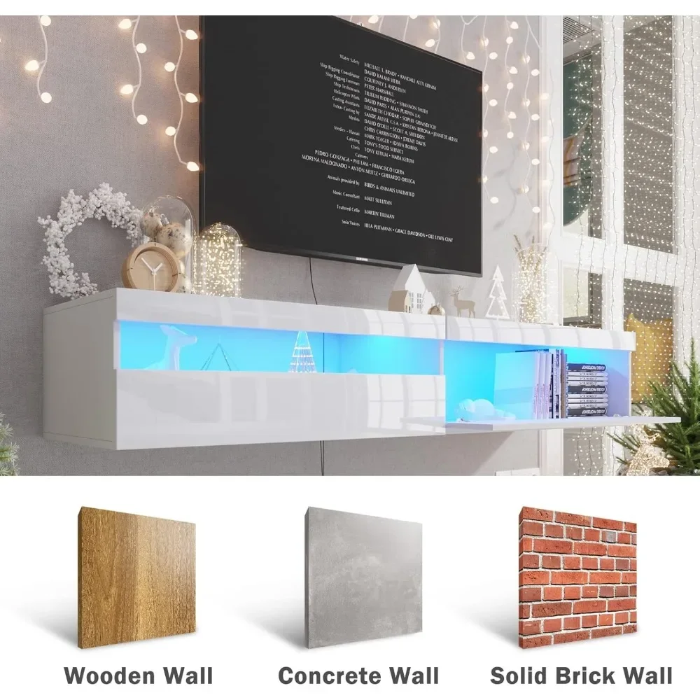 New2025-Floating TV Stand with Led Lights, 71 inch Wall Mounted TV Shelf with Power Outlet, Modern Entertainment Center Media Co