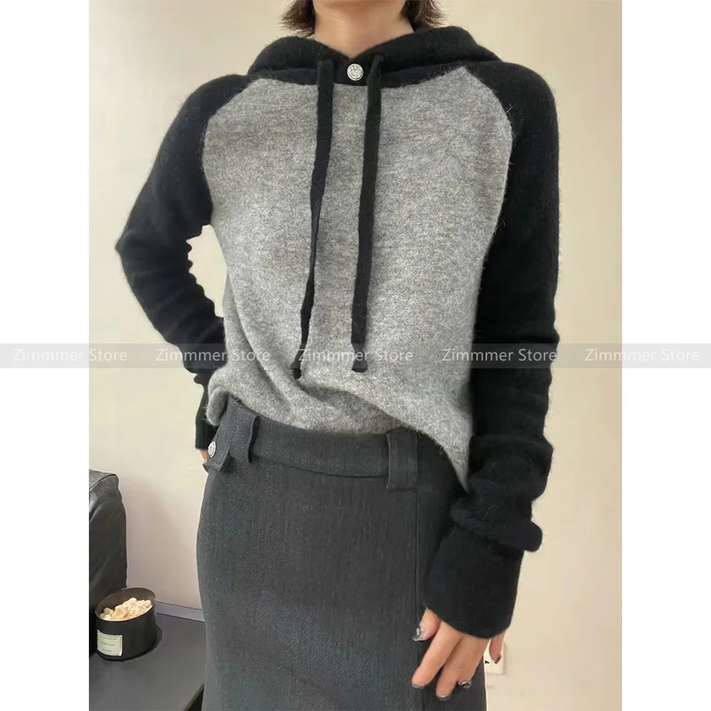 

Classic black and grey subtle alpaca wool raglan sleeve colour blocked monogrammed hooded embroidered knitted jumper