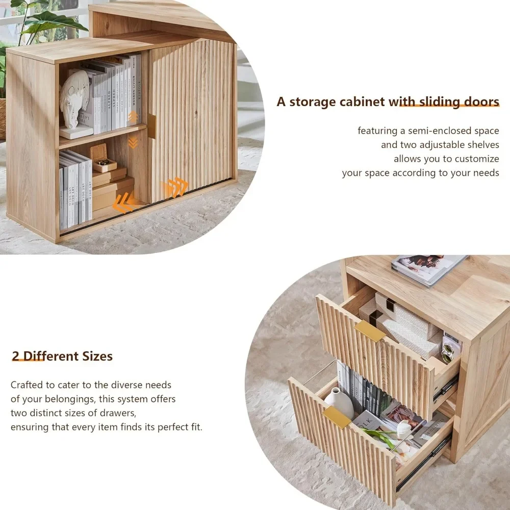 67" Modern L Shaped Desk with Storage Cabinet & Drawers, Wood Home Office Desk with Power Outlets, Fluted Computer Wr 5