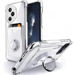 Shockproof Airbag Ring Holder Clear Case with Card Slot and Stand - HONOR 400 Pro (Silver)