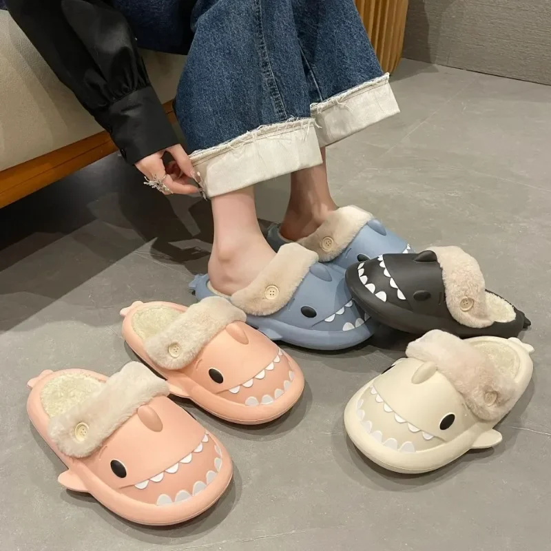 Shark Cotton Slippers Woman Waterproof Winter Indoor Non-slip Slides Plush Warm Couple Home Sandals Flat Shoe Shark Flip Flops 3