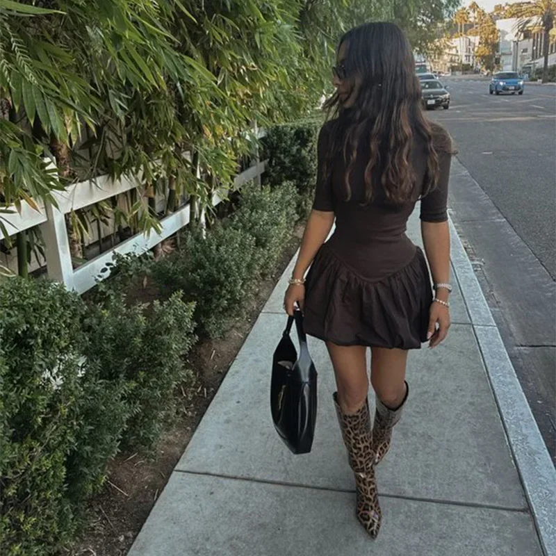Elegant Knitted Patchwork Brown A-line Dress Women O-neck Short Sleeves Pleated Ruffles Mini Dresses 2025 Lady Solid Vestidos