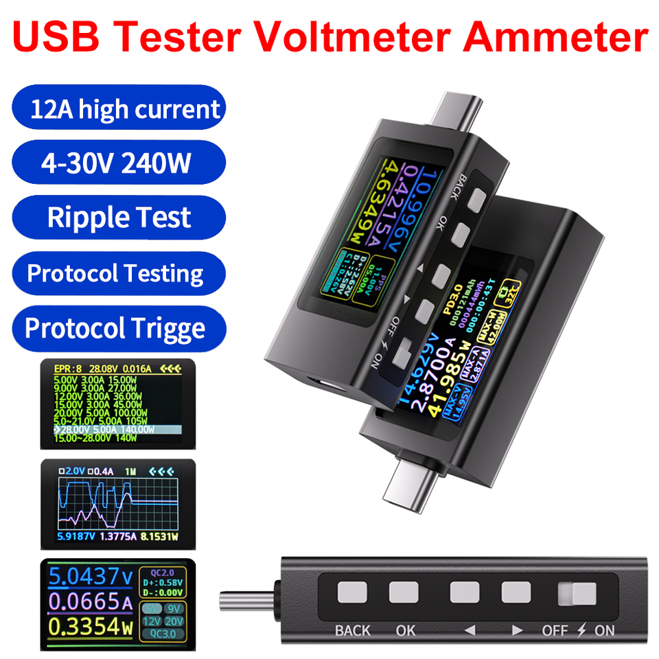 KWS-X1 USB Tester Voltmeter Ammeter TYPE-C Fast Charge Detection Trigger Capacity Measurement Ripple Measurement 4V-30V 0V-12A