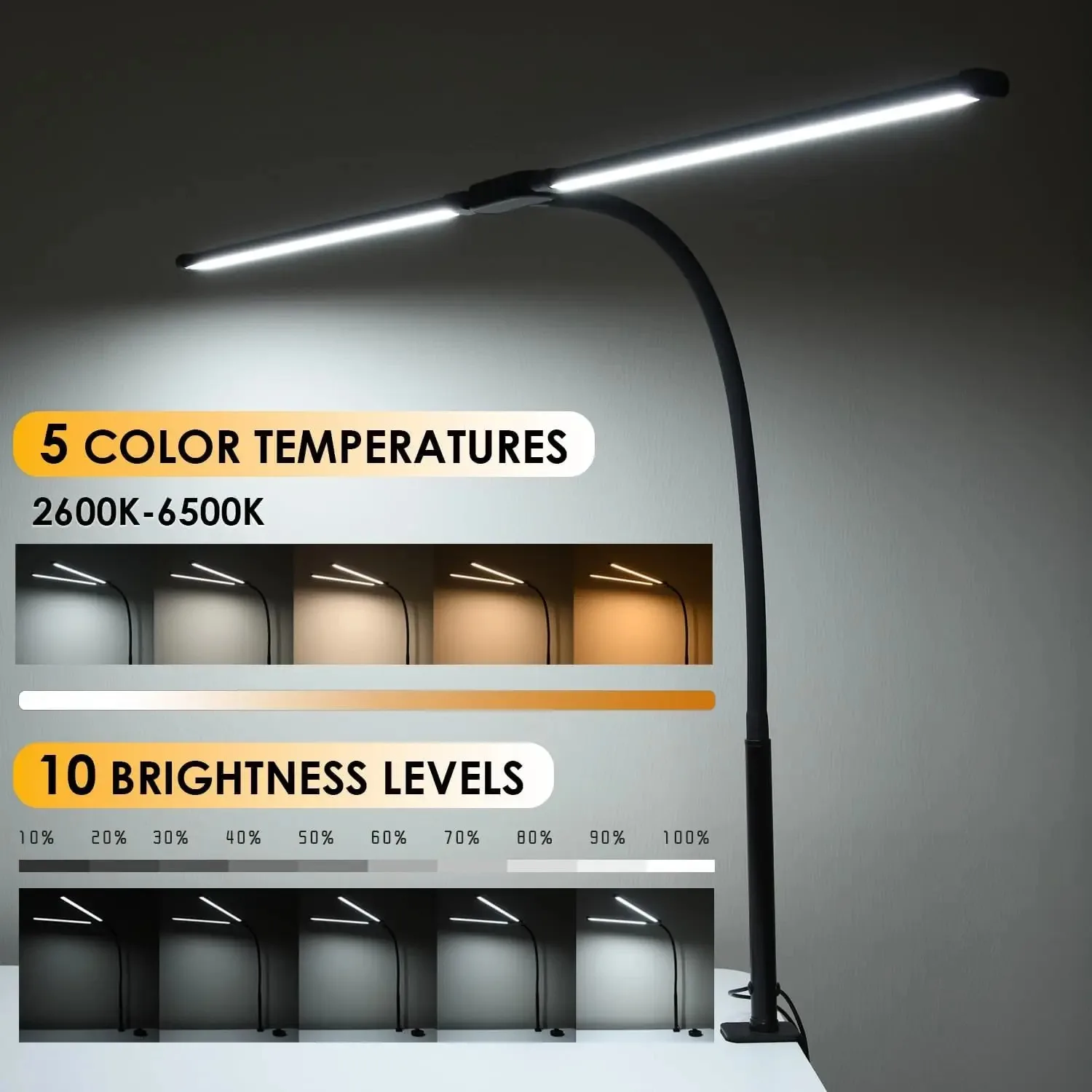 Enhanced LED Desk Lamp for Home Office - Eye-Caring, Color-Changing & Dimmable with Flexible Gooseneck and Double Head Design