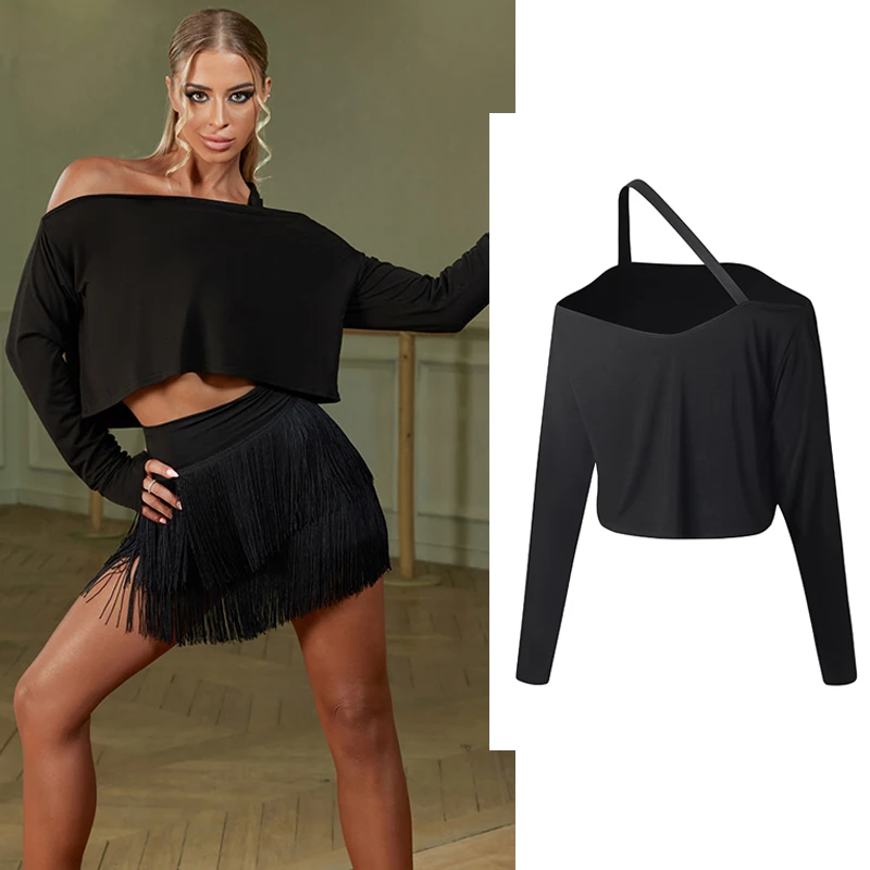 

Irregular Long Sleeved Latin Dance Top Female Black Ballroom Dancing Tops Women'S Practise Tango Chacha Dance Wear SL9032
