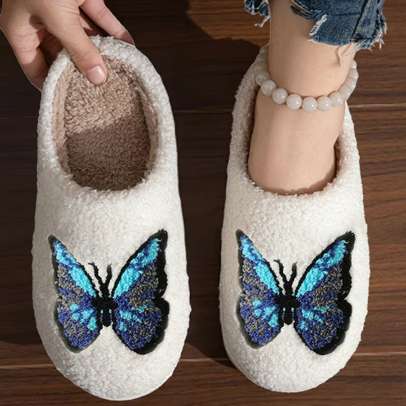 Woman Autumn Winter Shoes Butterfly Embroidery Cotton Slippers Non Slip Warm Indoor Floor Shoes Soft Plush Flat Home Slippers 2