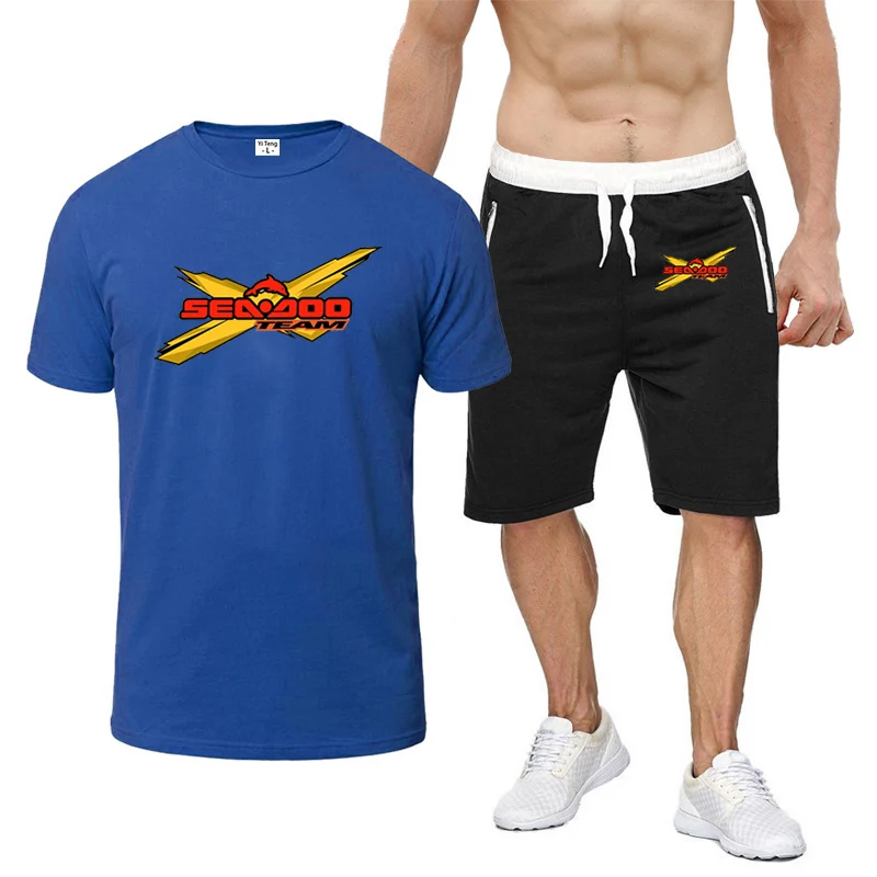 2023 Summer Sea Doo Seadoo Moto Logo printed sports round neck short-sleeved cotton top+popular sports pants solid color suit