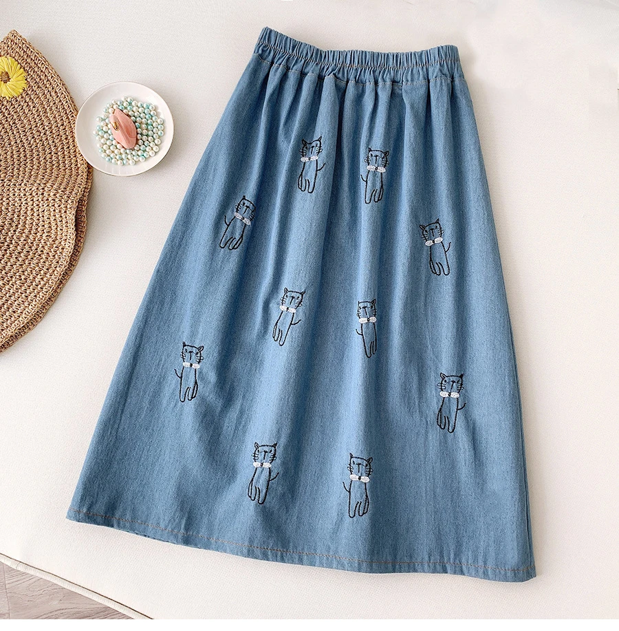 satin skirt PEONFLY  Japanese Style Cute Denim Skirt Women Kawaii Cat Embroidery Knee Length A Line High Waist Jeans Skirt Female Student red skirt