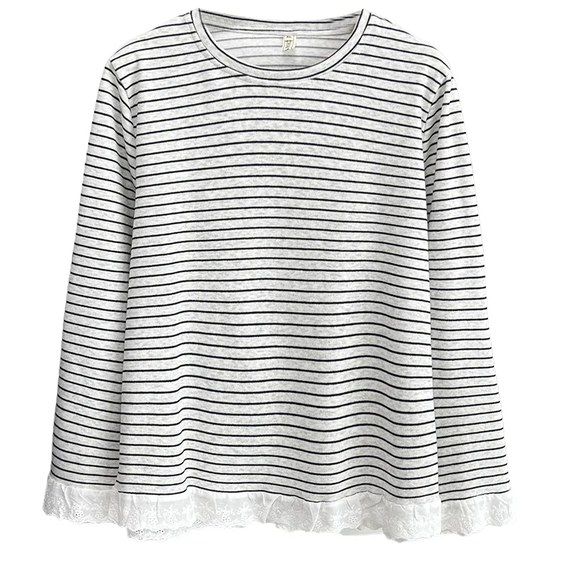 Autumn New Style Fresh And Simple Lace Hem Striped Long Sleeved O-Neck Tops Plus Size Women's T-Shirt 2565