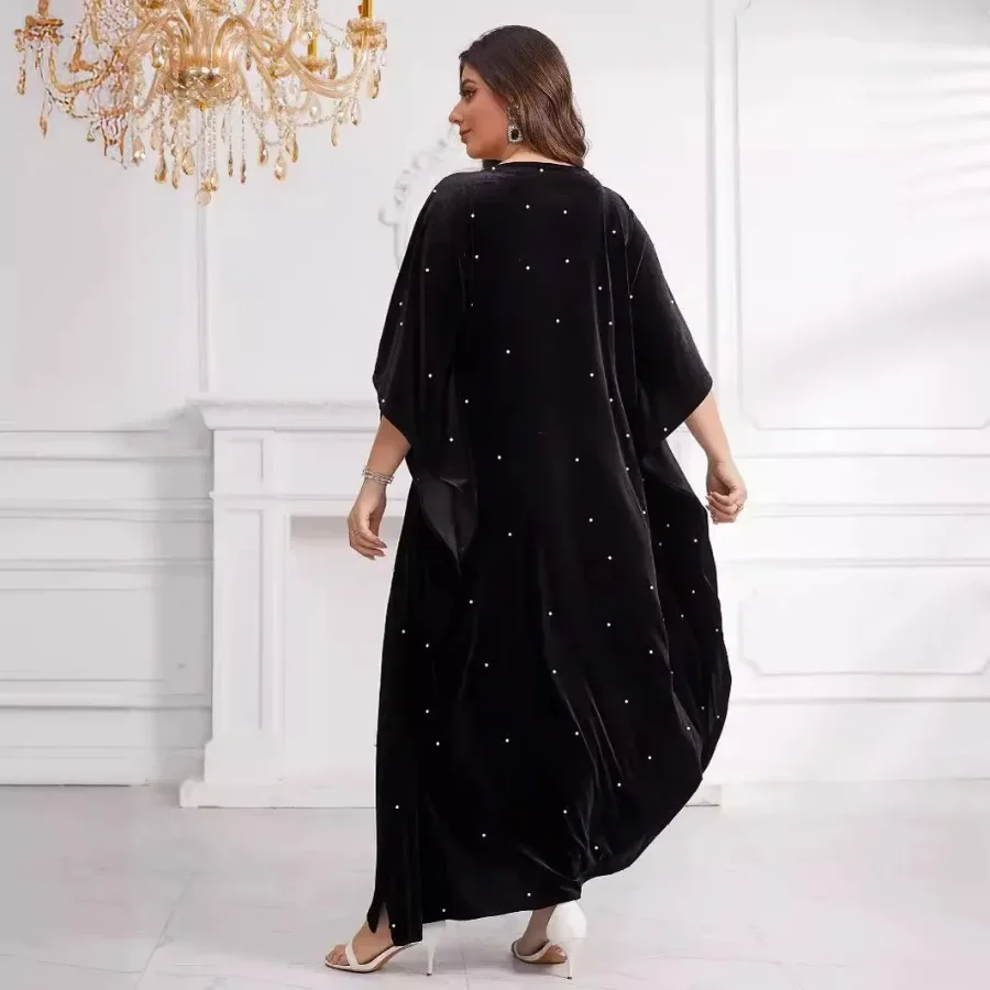 Plus Size Muslim Dresses for Women Elegant Muslim Women 3/4 Sleeve Velvet Long Maxi Dress Muslim Fashion Abaya Gowns with Hijab