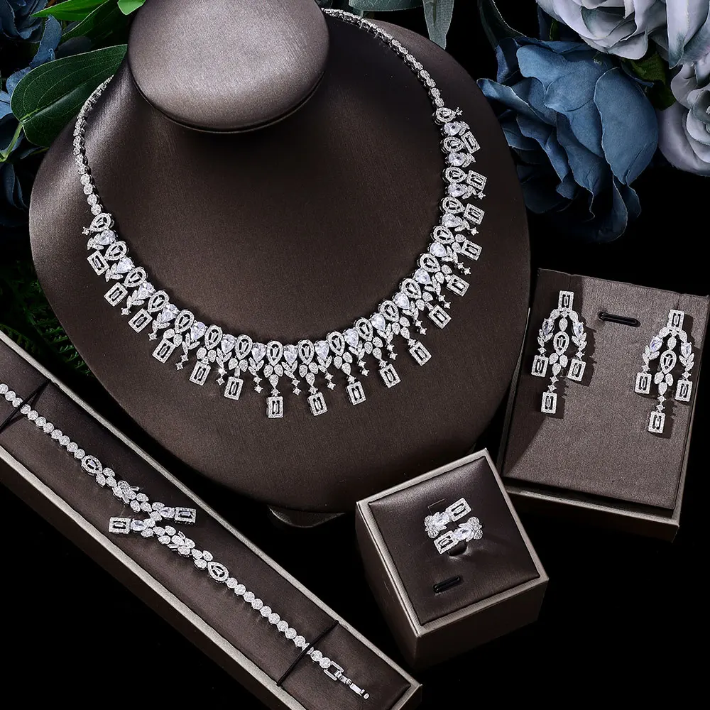 

Ingenious Luxury New 4PCS Big Necklace Bracelet Earring Ring Jewelry Sets Cubic Zirconia For Woman Engagement Wedding