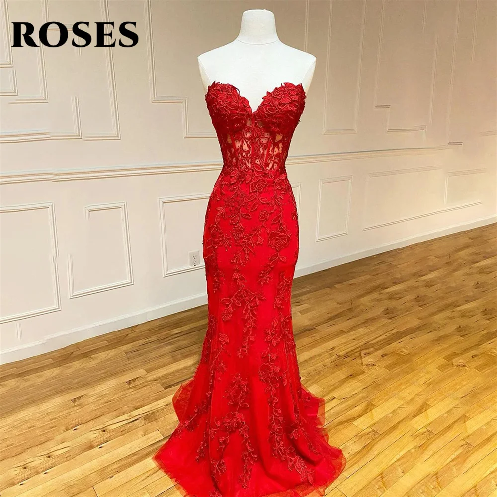 Rose Red Appliques Special Occasion Dress Sweetheart Net Mermaid Abito Formale Lace Up Back Abito Da Sera Lungo Vestidos De Fiesta