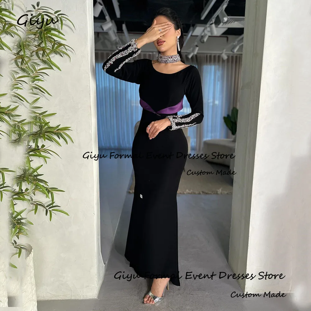 

Giyu Elegant Black Evening Gown Dress Beading O-Neck Ankle-Length Vestidos De Fiesta Elegantes Para Mujer 2024 Prom Gown