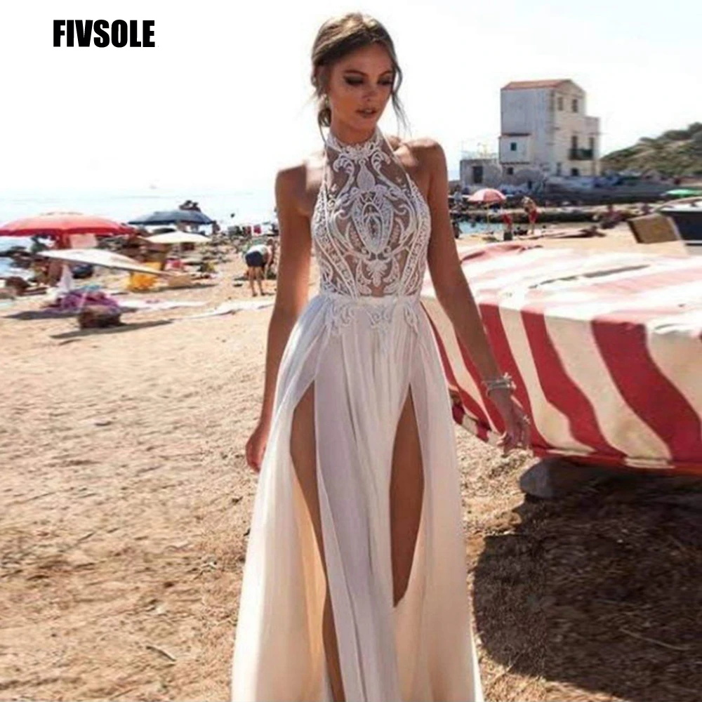 casual wedding dresses Fivsole 2022 Halter Beach Chiffon Wedding Dresses Lace Appliques A Line Boho Bridal Gowns Sexy Side Split Vestidos De Novia bridal shower dress