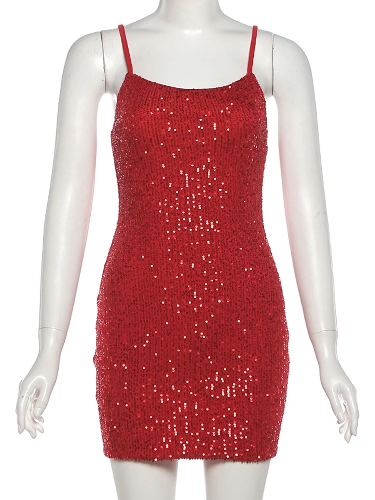 Nibber Square Collar Dress Women Sexy Sequin Valentine's Day Trend Sleeveless Stretch Skinny Party Club Peach Hip Mini Bodycon