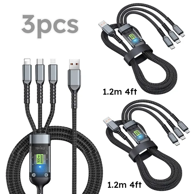 3-in-1 Fast Charging Cable: 100W, Type-C/iPhone/USB, LED Display. 3pcs available.