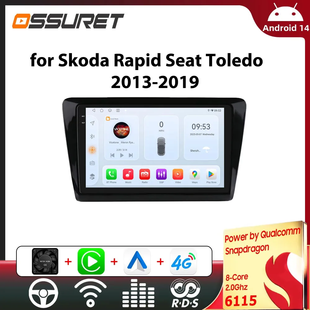Autoradio für Skoda Rapid Seat Toledo 2013–2019, intelligentes Autoradio, GPS-Carplay, 9 Zoll Stereo-Multimedia von Snapdragon 6115